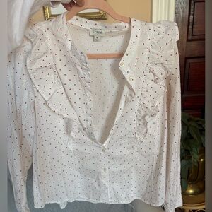 J. Crew White Blouse with Red Hearts and Ruffles